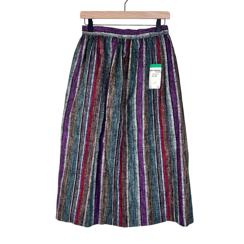 Vintage Ann Stevens New York Striped Linen Blend Midi Skirt Purple Teal Size 12